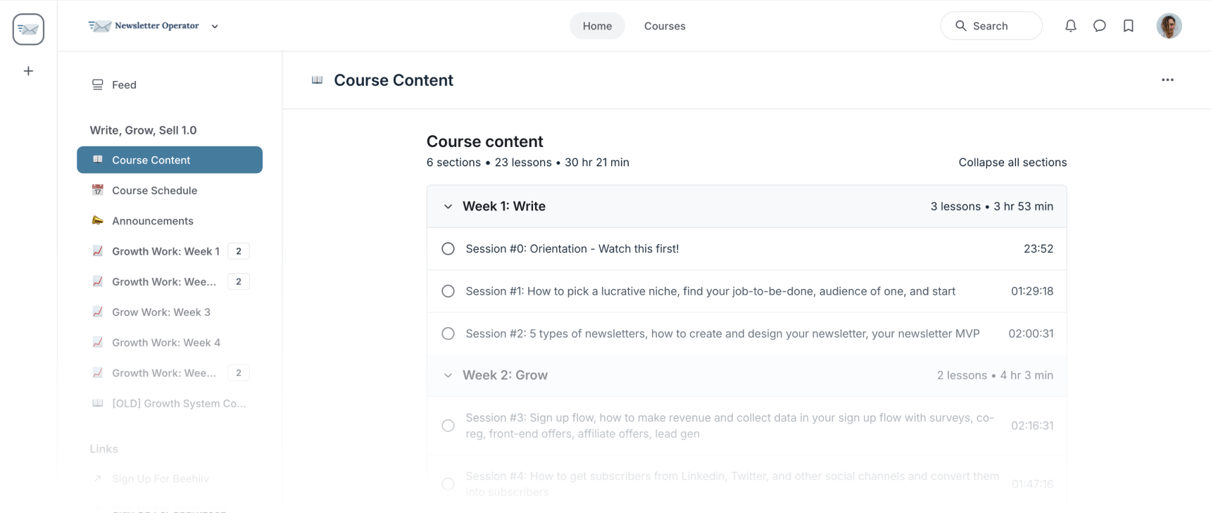 Screenshot from the Write Grow Sell course dashboard